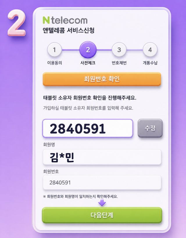 셀프개통 신청 화면에 태블릿 소유자 회원번호 2840591과 매출자 회원명을 입력하는 화면