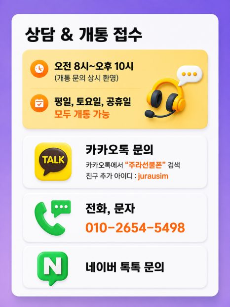 상담 및 개통 접수 안내: 오전 8시~오후 10시, 카카오톡 아이디 jurausim, 전화·문자 010-2654-5498, 네이버 톡톡