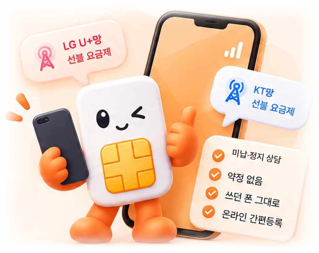 유심 캐릭터가 휴대폰을 들고 KT망·LG U+망 선불 요금제와 미납·정지 상담, 쓰던 폰 그대로, 온라인 간편등록을 안내하는 그림
